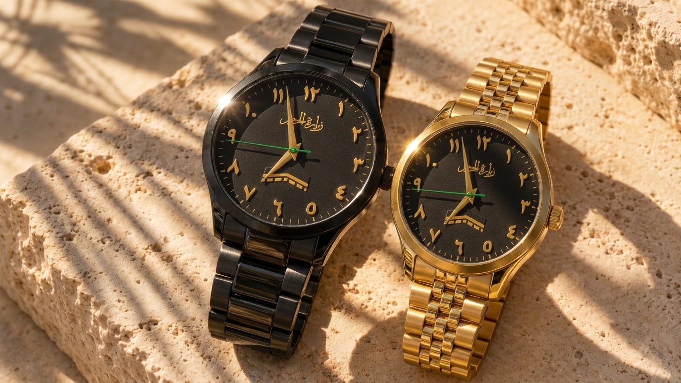Illustration des deux montres AZIMIQ, noire et dorée, réunies sur une pierre de travertin.