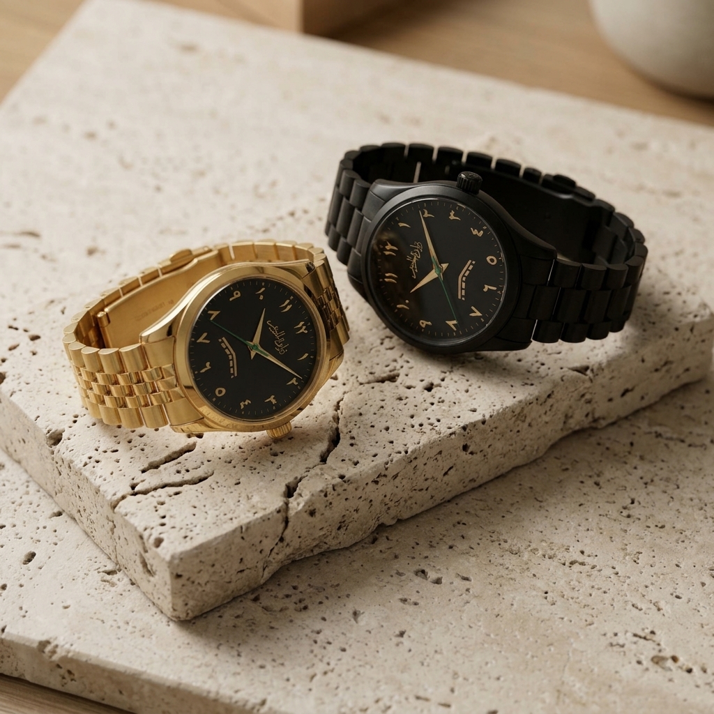 Illustration de la collection AZIMIQ : montre noire et montre dorée sur une pierre claire, baignées de lumière.