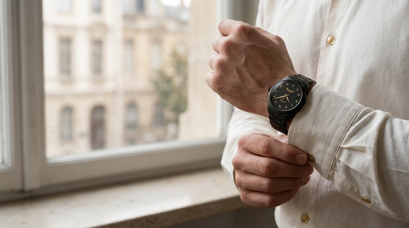 Illustration du modèle noir 40 mm porté avec une chemise claire près d’une fenêtre.