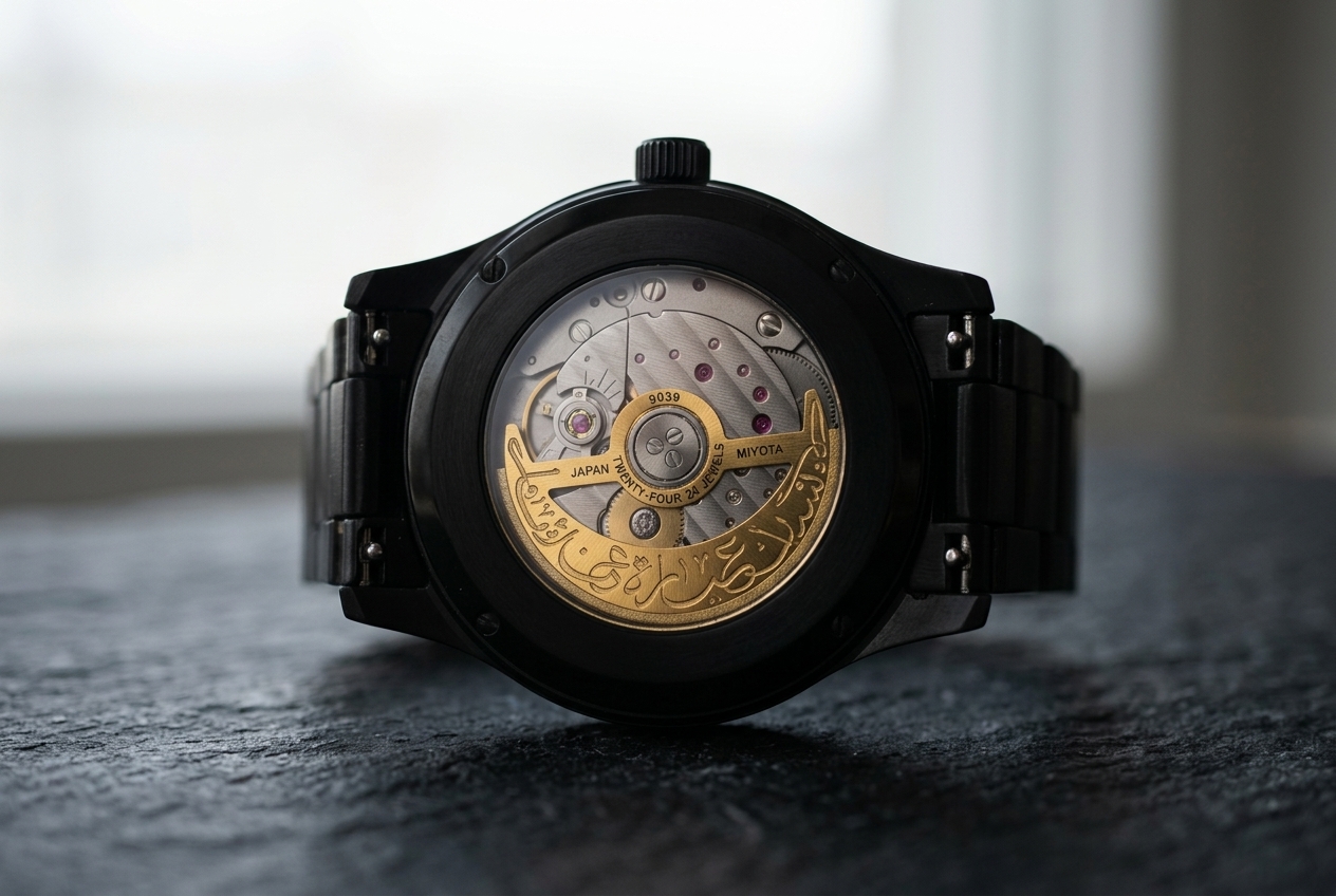 Illustration du fond transparent de la montre noire et de son rotor doré en croissant, avec calligraphie.